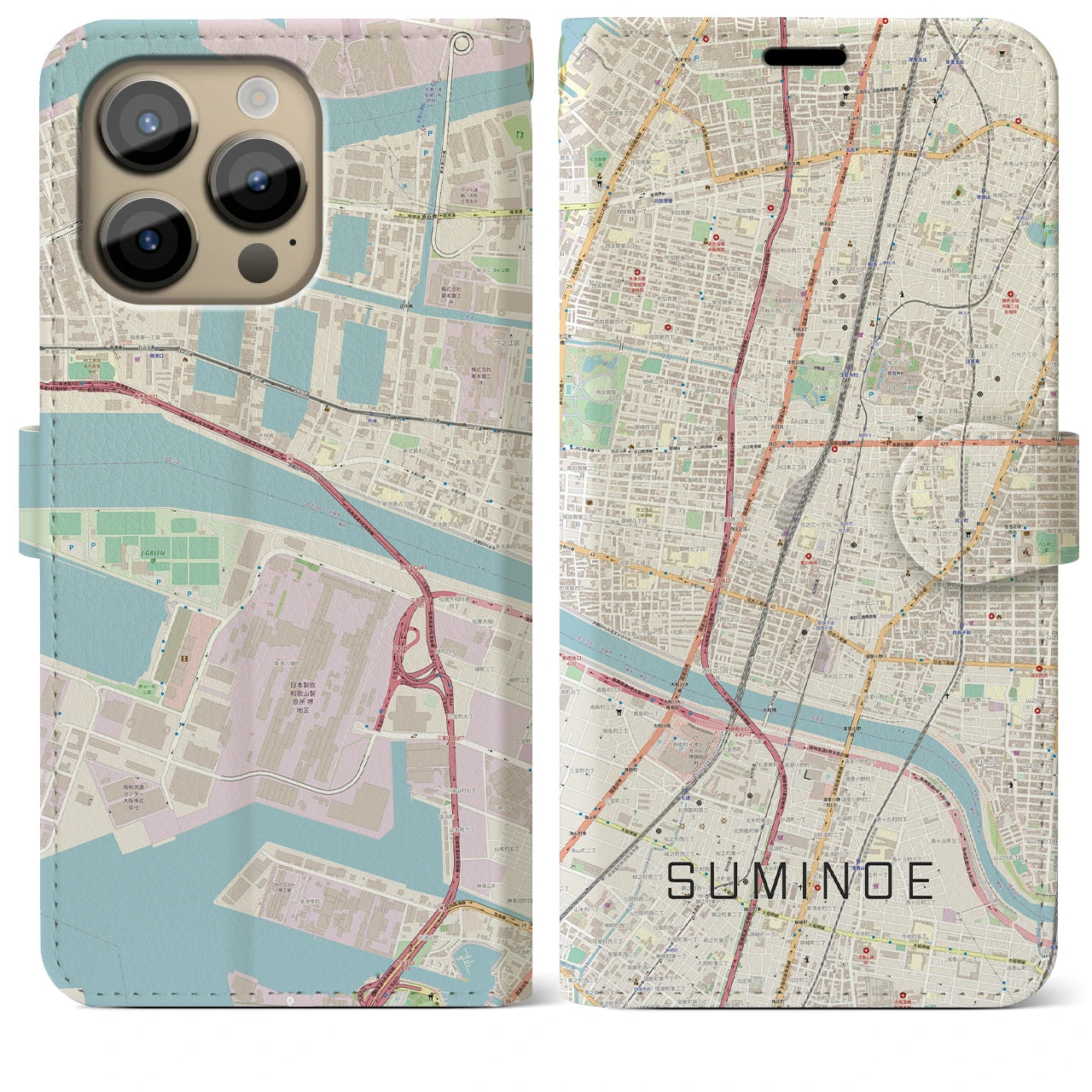 【住之江】地図柄iPhoneケース（手帳両面タイプ・ナチュラル）iPhone 14 Pro Max 用