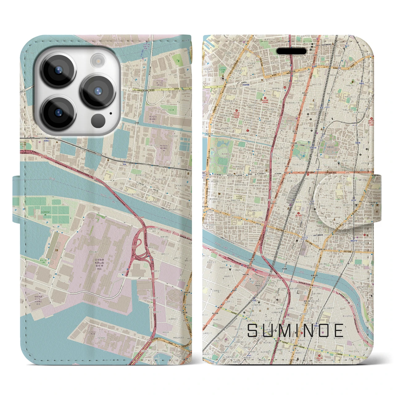 【住之江】地図柄iPhoneケース（手帳両面タイプ・ナチュラル）iPhone 14 Pro 用