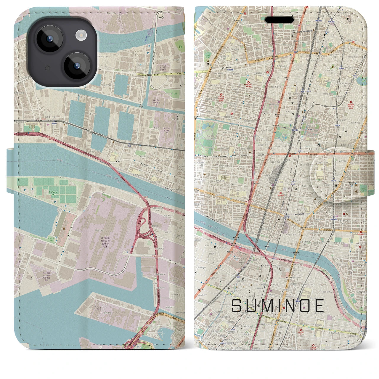【住之江】地図柄iPhoneケース（手帳両面タイプ・ナチュラル）iPhone 14 Plus 用