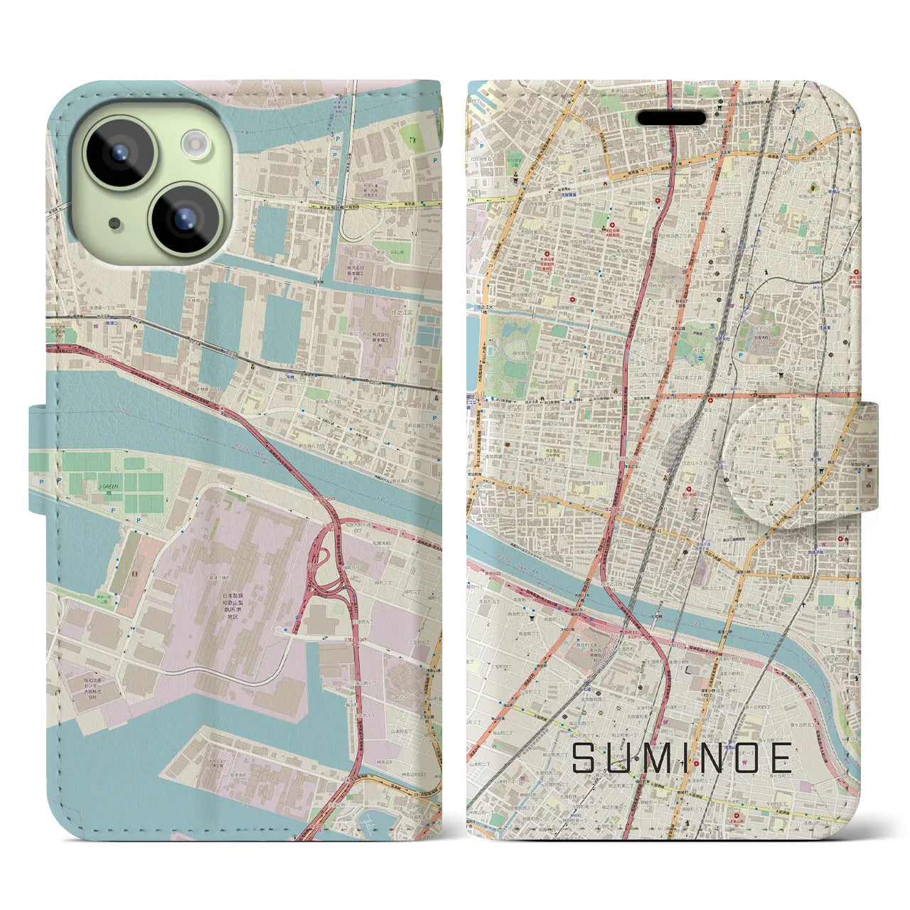 【住之江】地図柄iPhoneケース（手帳両面タイプ・ナチュラル）iPhone 15 用