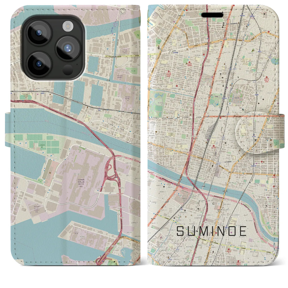 【住之江】地図柄iPhoneケース（手帳両面タイプ・ナチュラル）iPhone 15 Pro Max 用