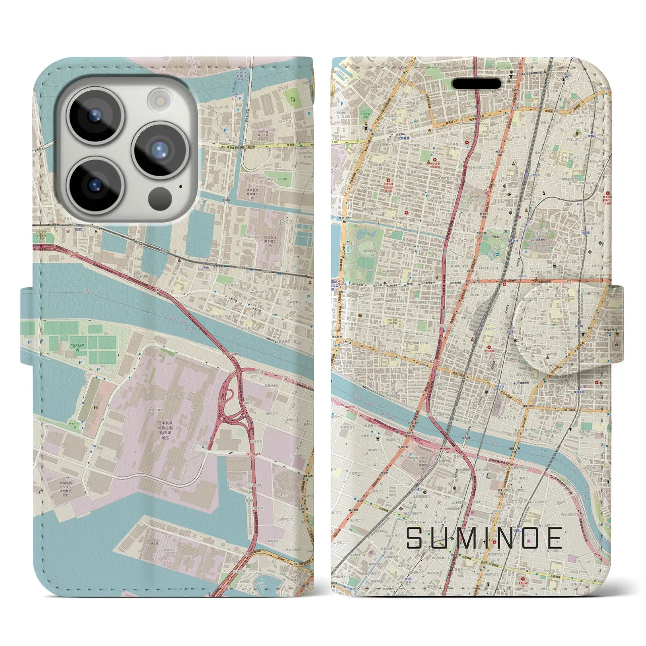 【住之江】地図柄iPhoneケース（手帳両面タイプ・ナチュラル）iPhone 15 Pro 用