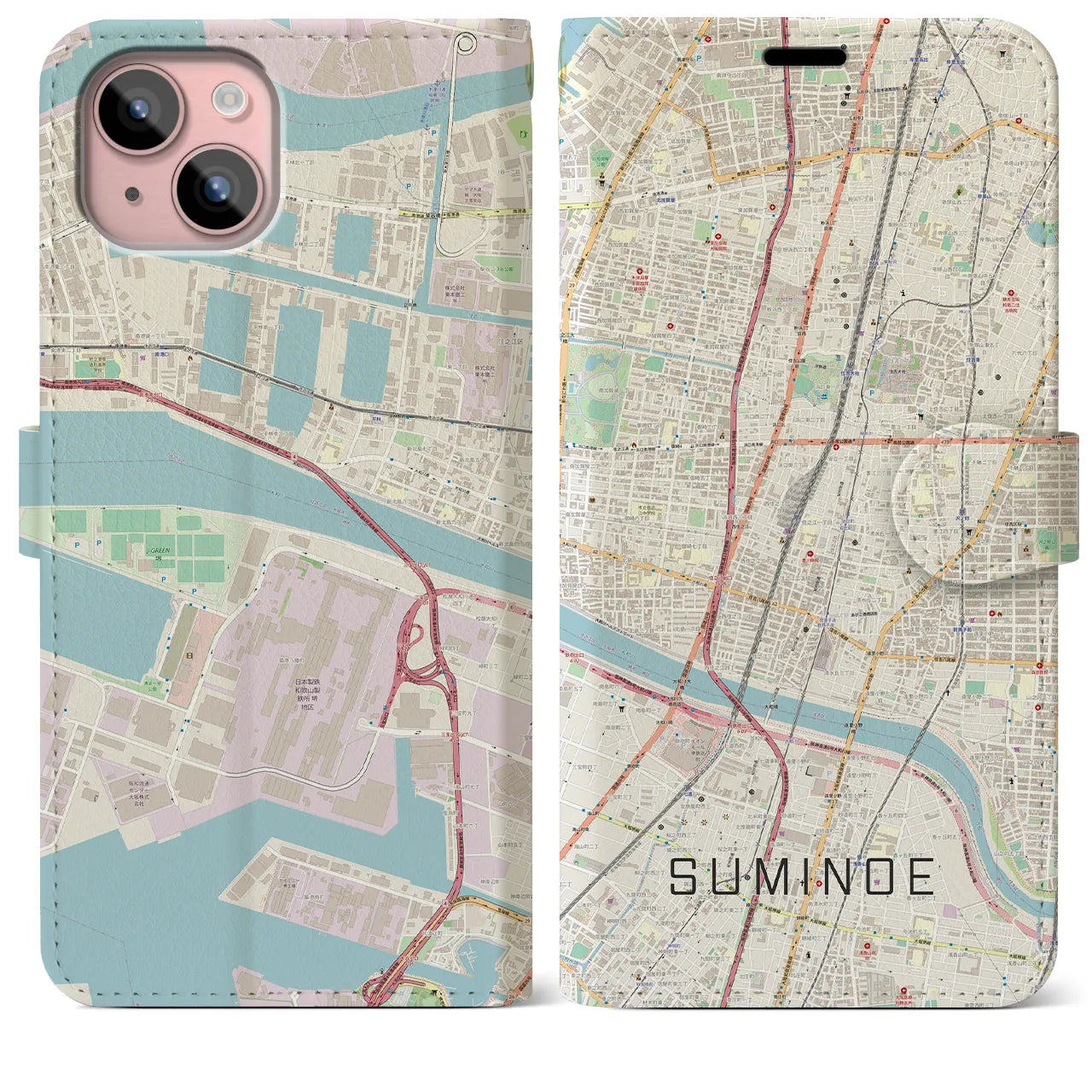 【住之江】地図柄iPhoneケース（手帳両面タイプ・ナチュラル）iPhone 15 Plus 用