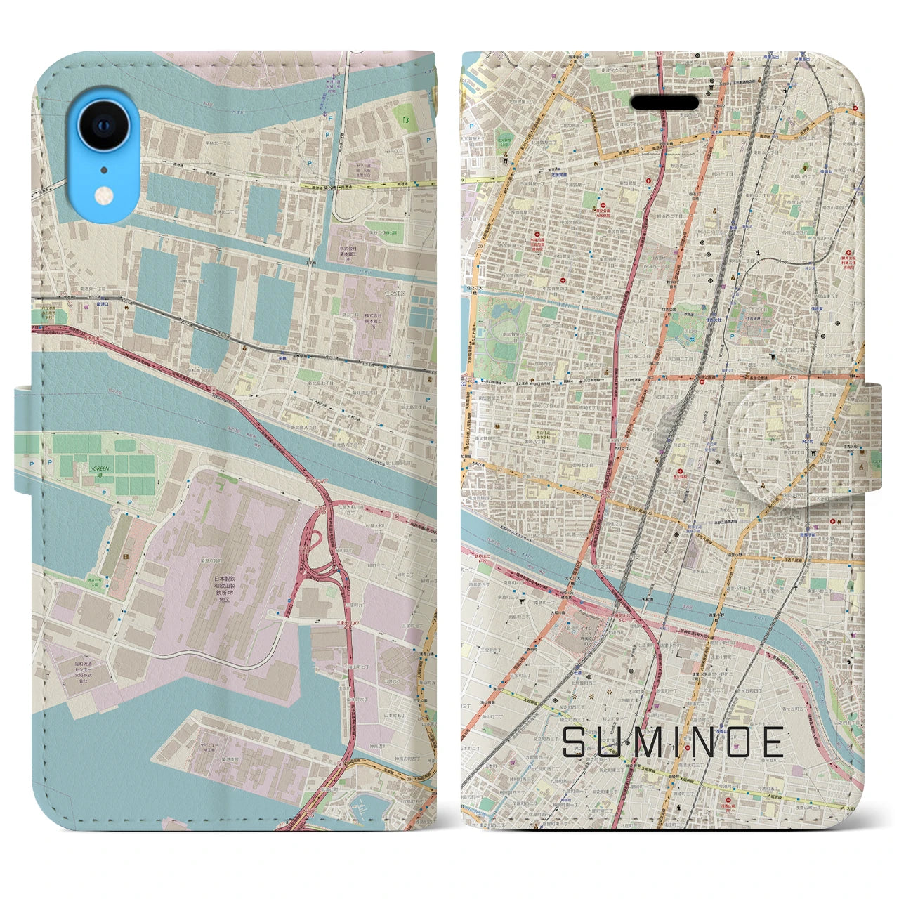 【住之江】地図柄iPhoneケース（手帳両面タイプ・ナチュラル）iPhone XR 用