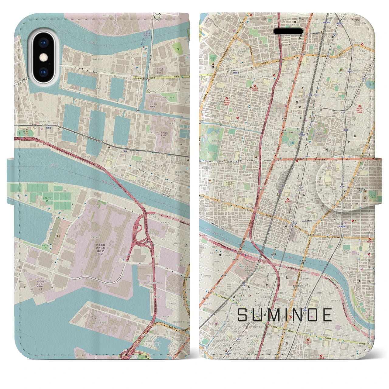 【住之江】地図柄iPhoneケース（手帳両面タイプ・ナチュラル）iPhone XS Max 用