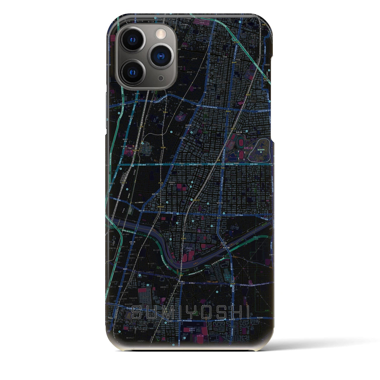 【住吉（大阪府）】地図柄iPhoneケース（バックカバータイプ・ブラック）iPhone 11 Pro Max 用