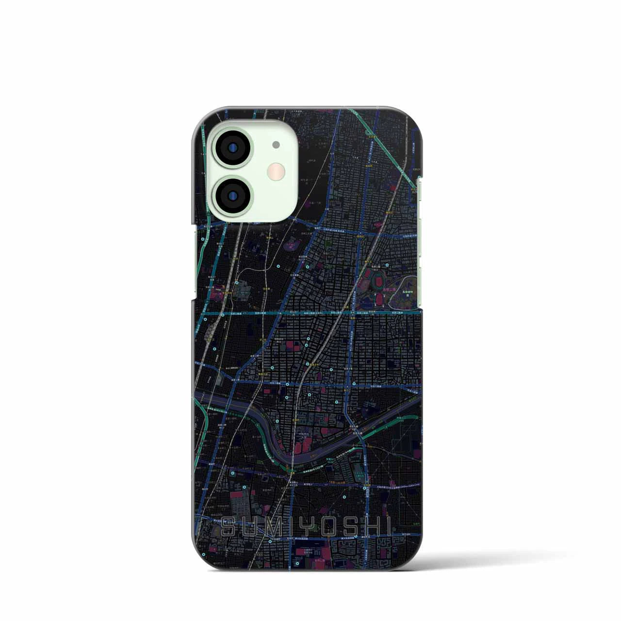 【住吉（大阪府）】地図柄iPhoneケース（バックカバータイプ・ブラック）iPhone 12 mini 用