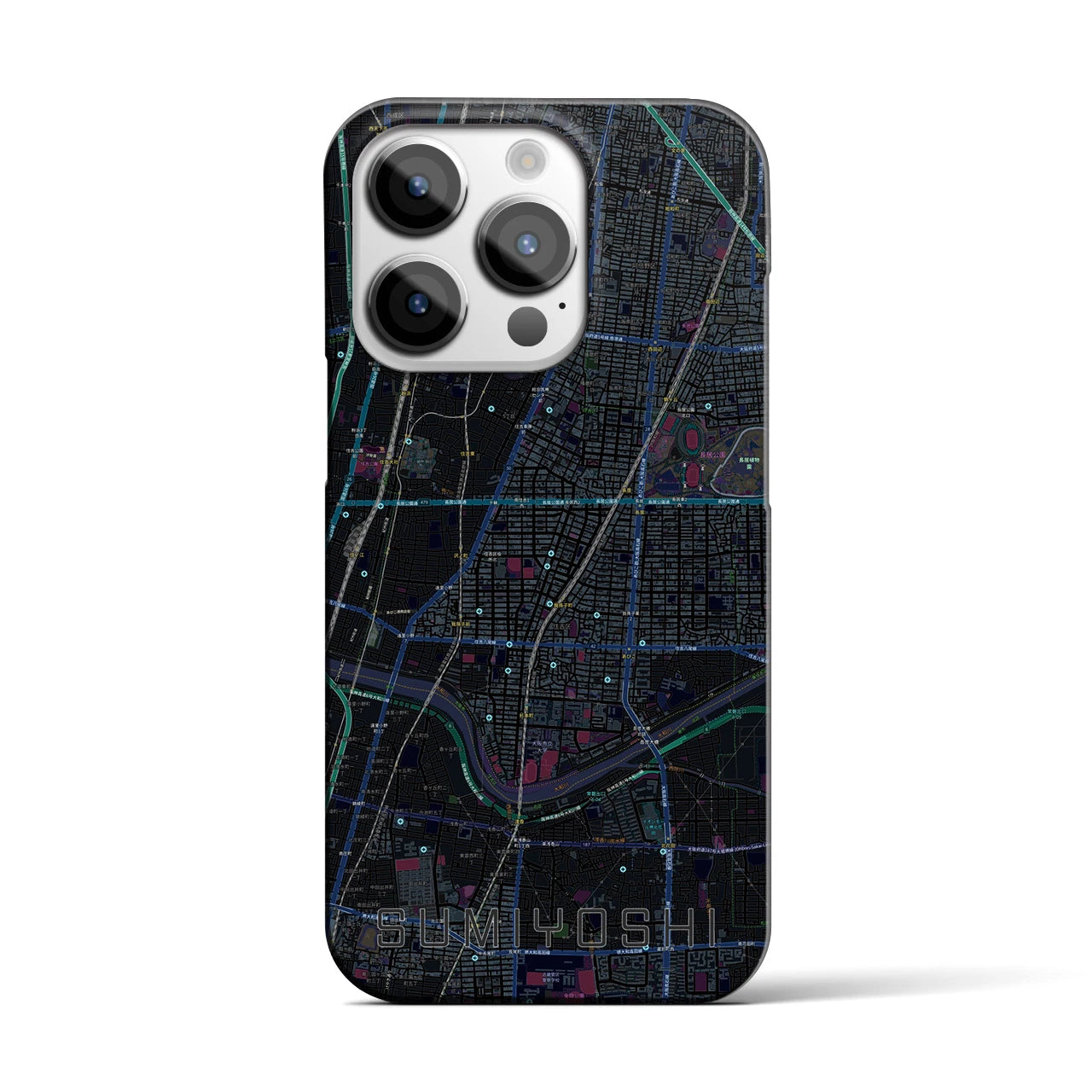 【住吉（大阪府）】地図柄iPhoneケース（バックカバータイプ・ブラック）iPhone 14 Pro 用