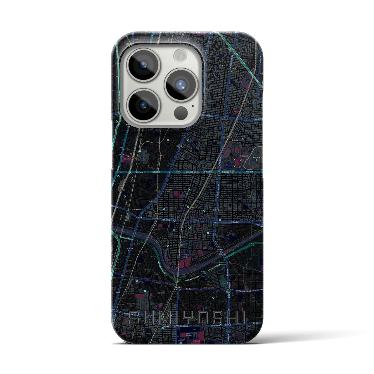 【住吉（大阪府）】地図柄iPhoneケース（バックカバータイプ・ブラック）iPhone 15 Pro 用