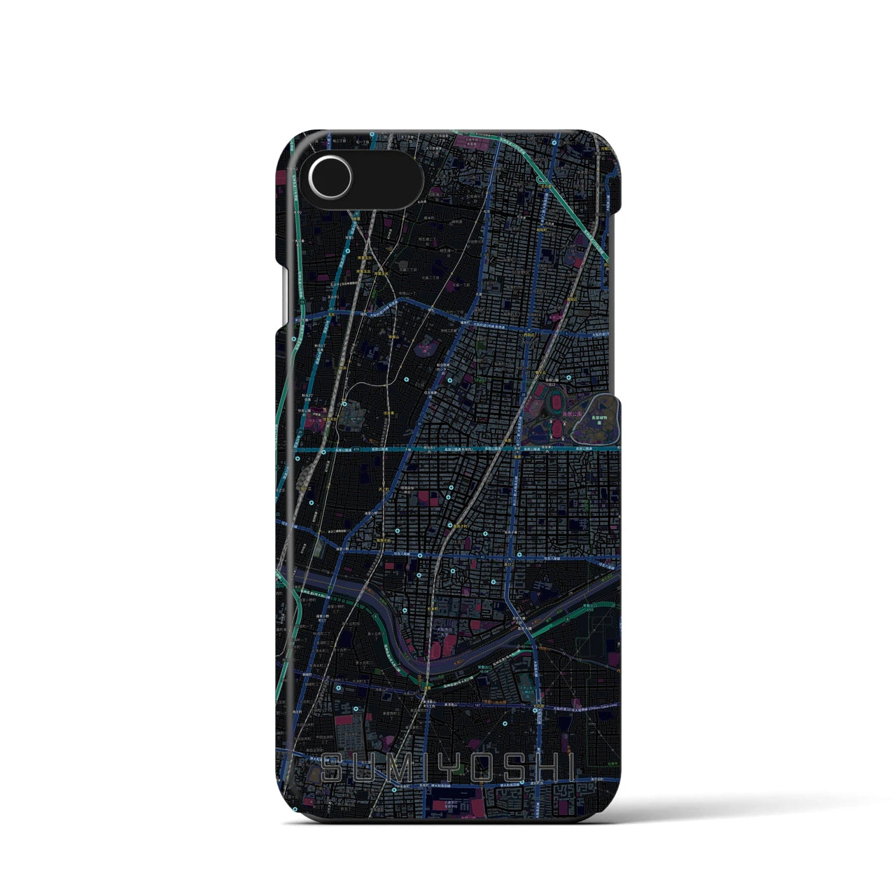 【住吉（大阪府）】地図柄iPhoneケース（バックカバータイプ・ブラック）iPhone SE（第3 / 第2世代） / 8 / 7 / 6s / 6 用