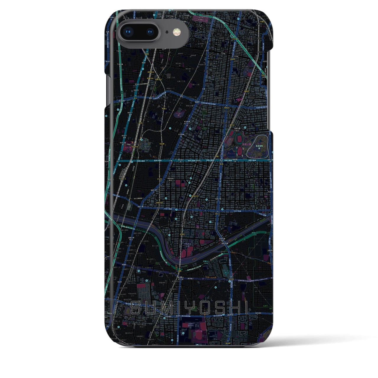 【住吉（大阪府）】地図柄iPhoneケース（バックカバータイプ・ブラック）iPhone 8Plus /7Plus / 6sPlus / 6Plus 用