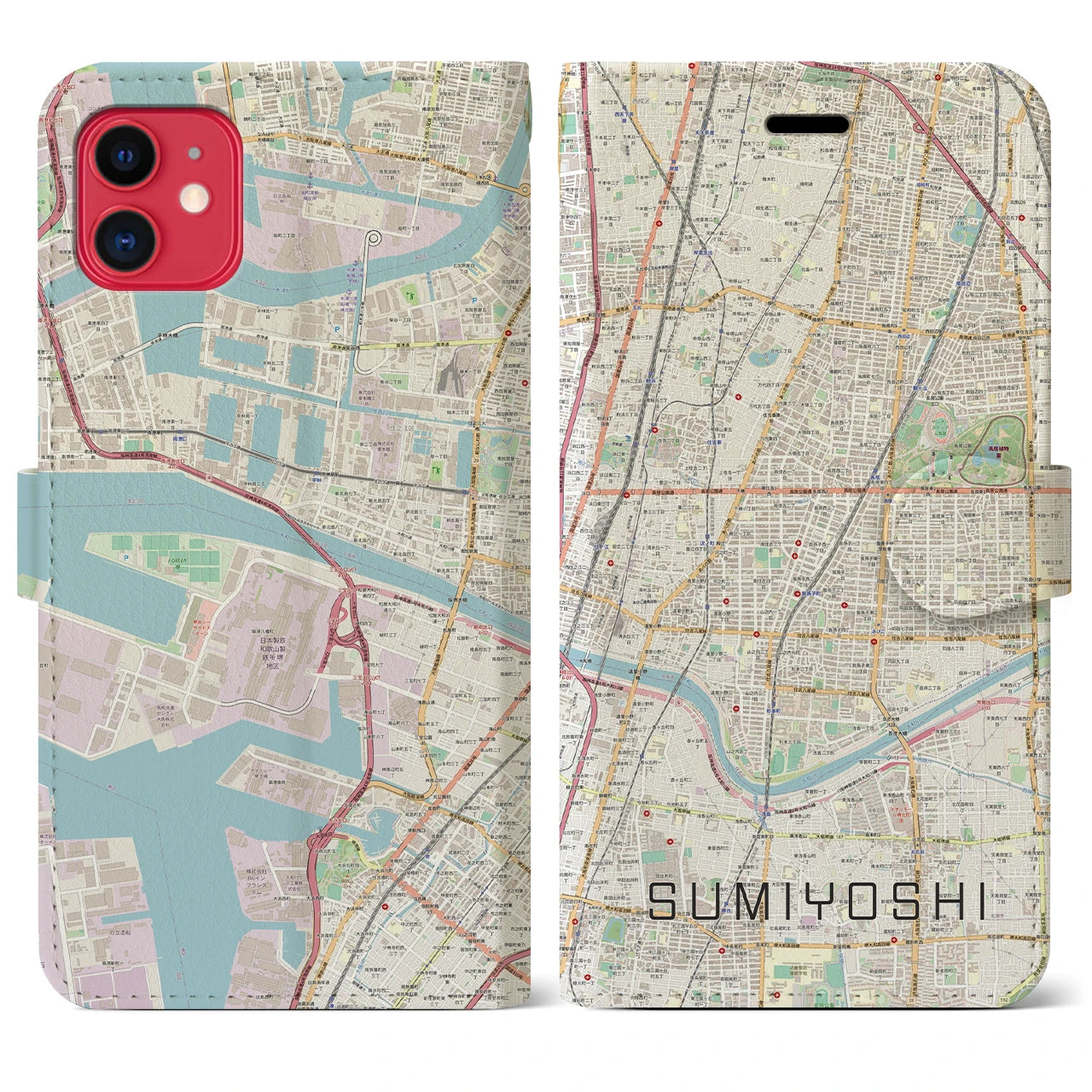 【住吉（大阪府）】地図柄iPhoneケース（手帳両面タイプ・ナチュラル）iPhone 11 用