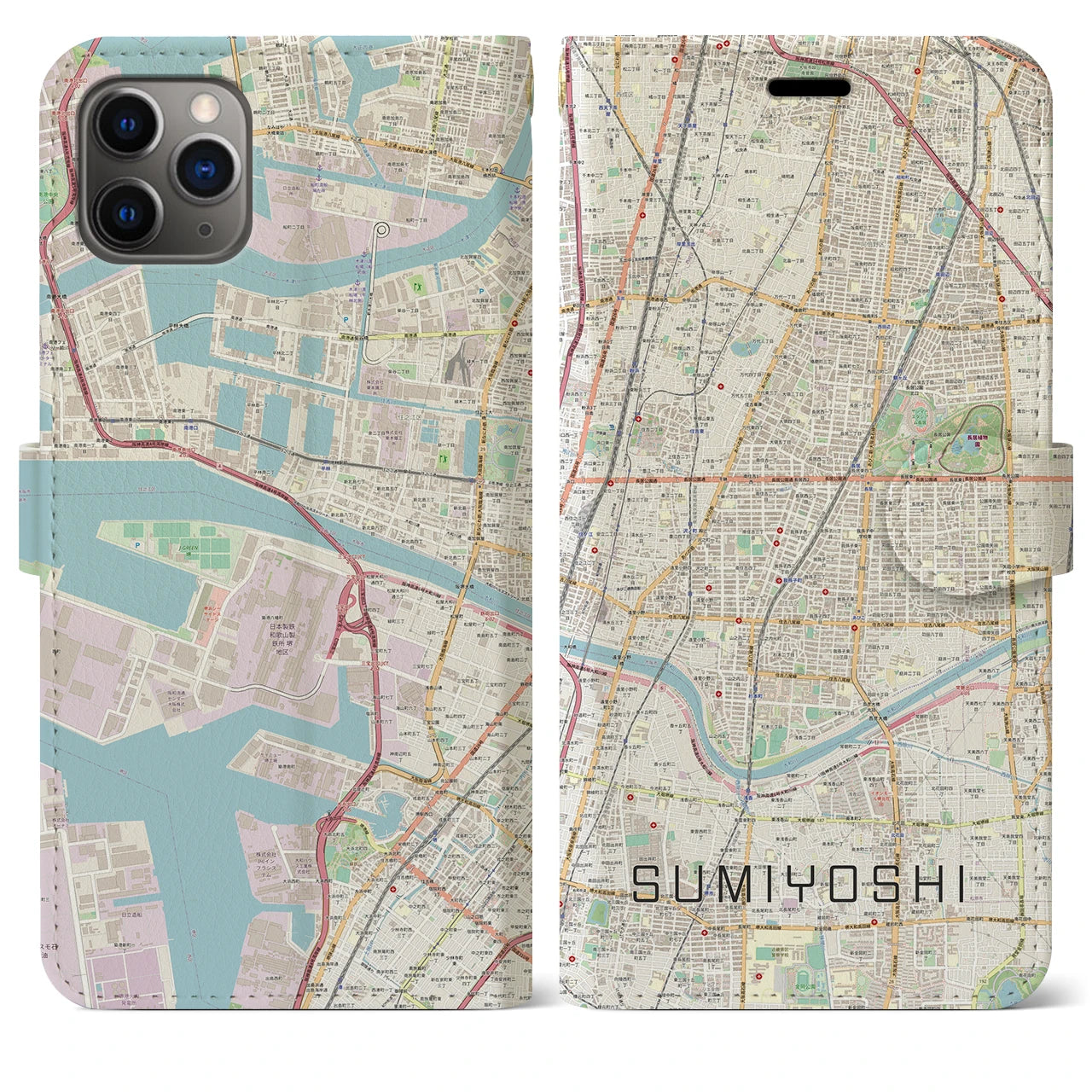 【住吉（大阪府）】地図柄iPhoneケース（手帳両面タイプ・ナチュラル）iPhone 11 Pro Max 用