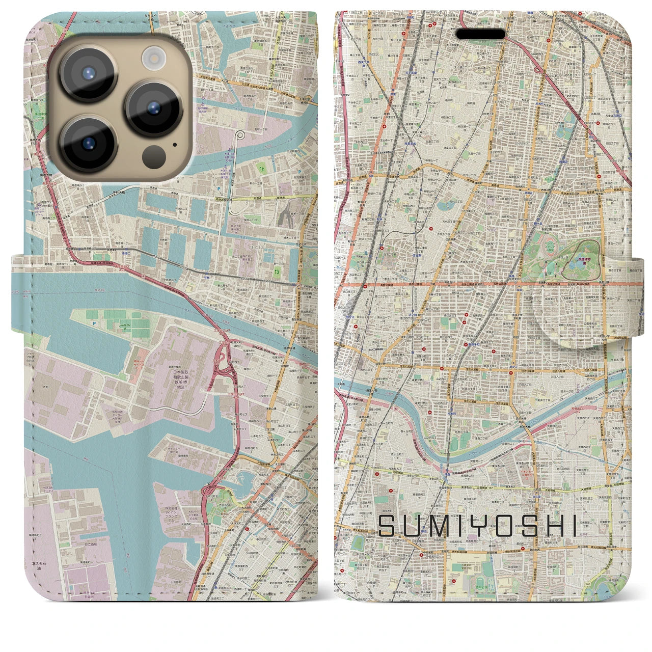 【住吉（大阪府）】地図柄iPhoneケース（手帳両面タイプ・ナチュラル）iPhone 14 Pro Max 用