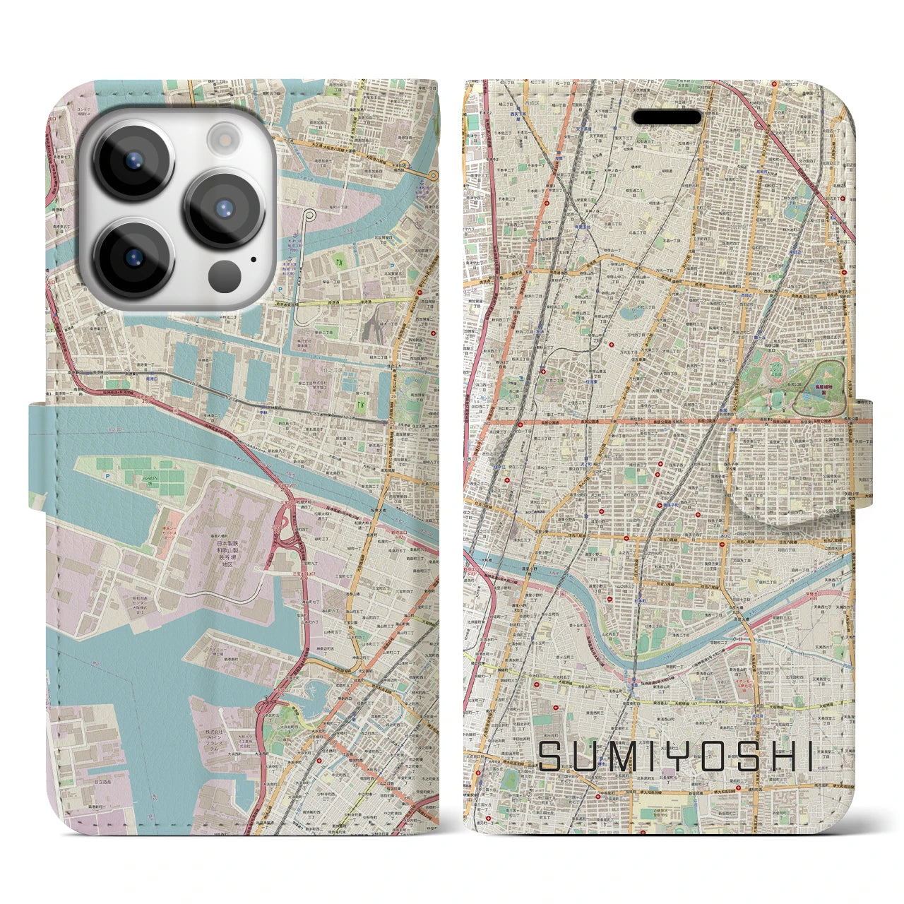 【住吉（大阪府）】地図柄iPhoneケース（手帳両面タイプ・ナチュラル）iPhone 14 Pro 用