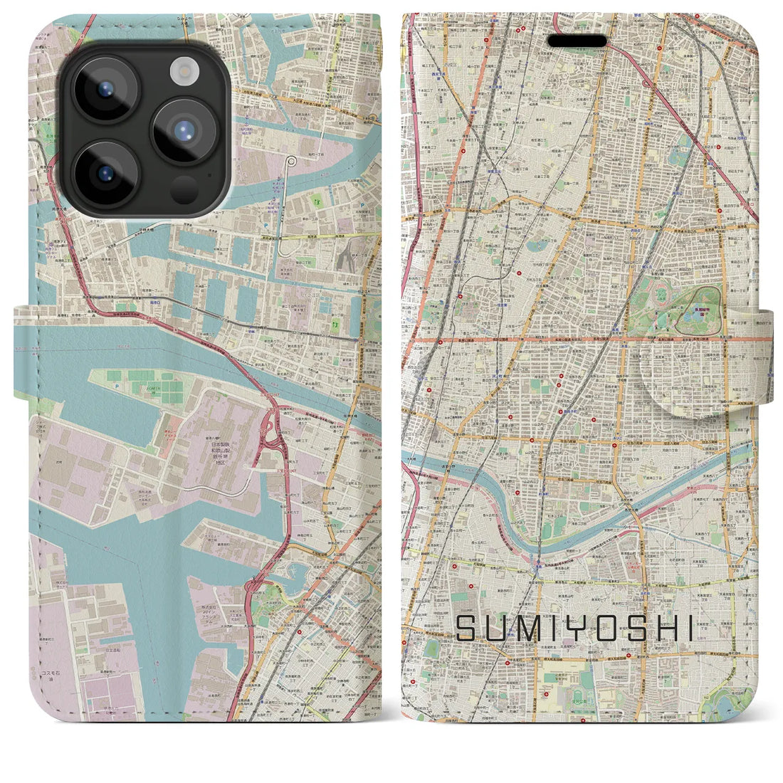 【住吉（大阪府）】地図柄iPhoneケース（手帳両面タイプ・ナチュラル）iPhone 15 Pro Max 用