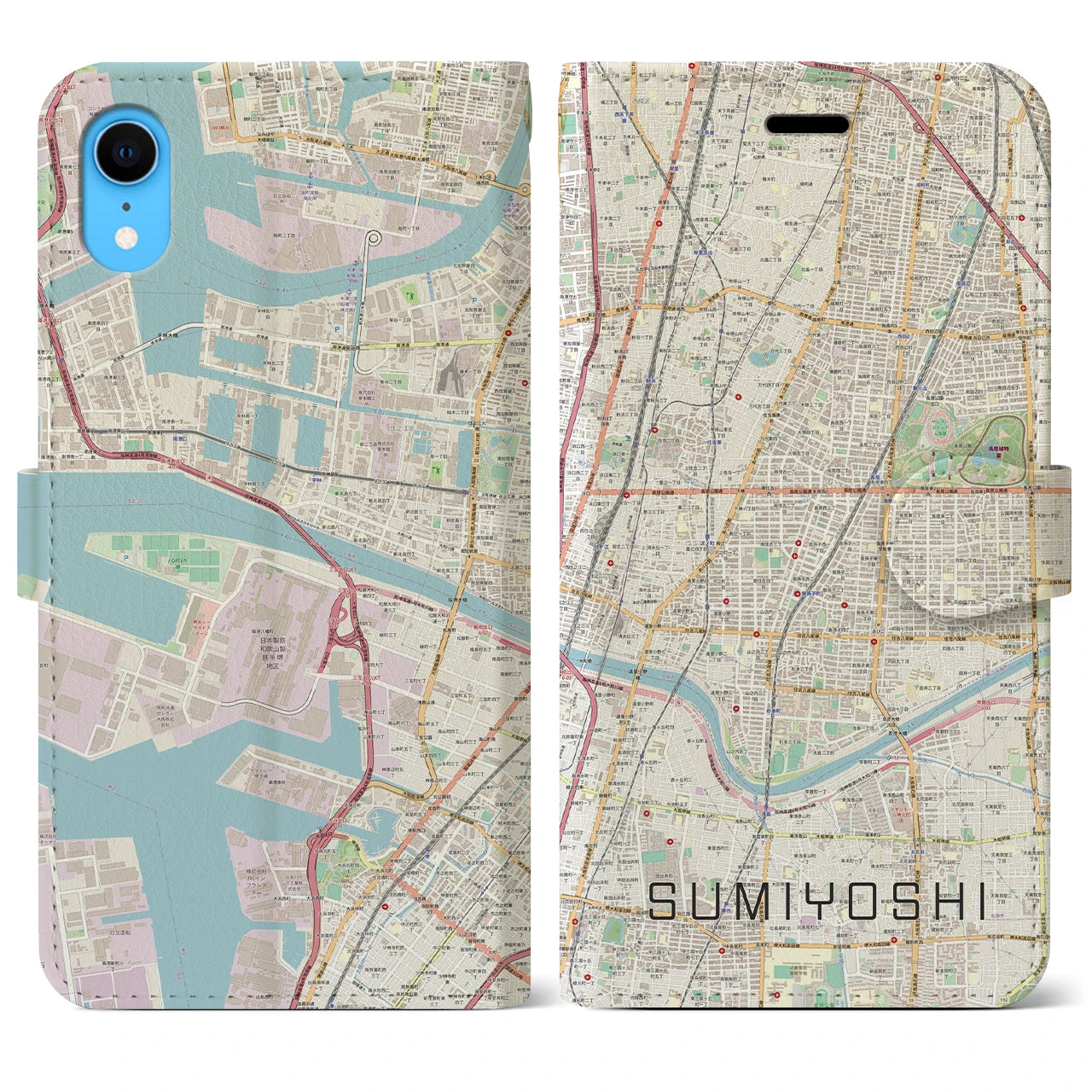 【住吉（大阪府）】地図柄iPhoneケース（手帳両面タイプ・ナチュラル）iPhone XR 用