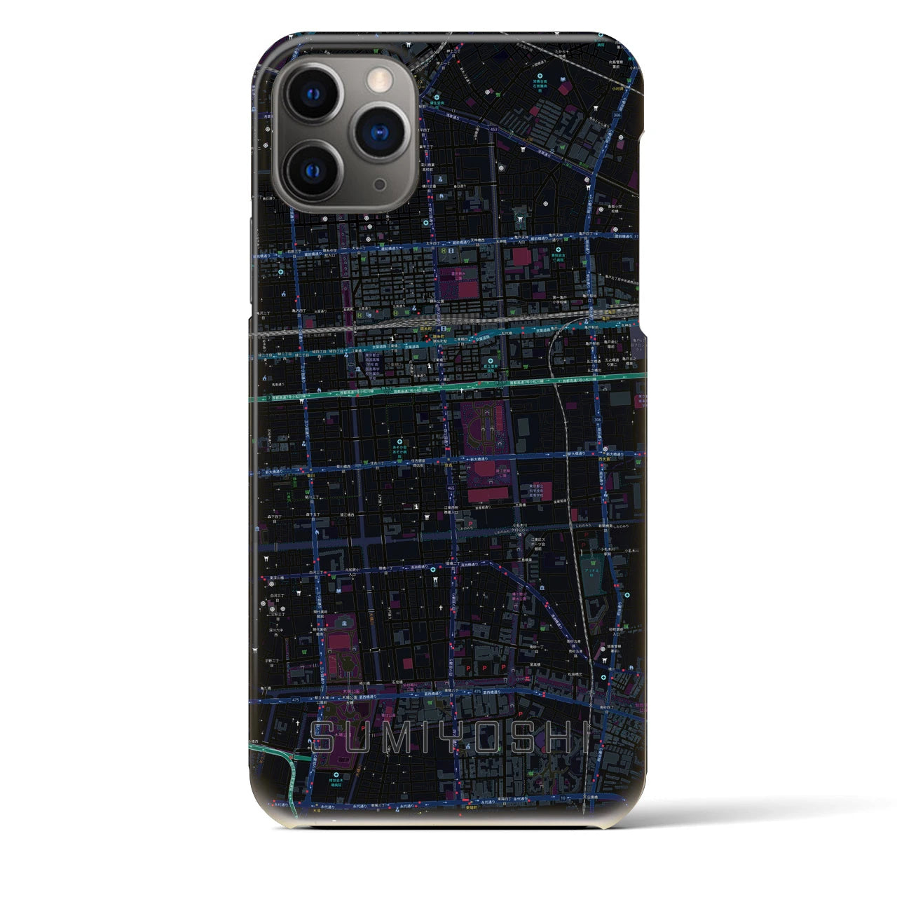 【住吉】地図柄iPhoneケース（バックカバータイプ・ブラック）iPhone 11 Pro Max 用