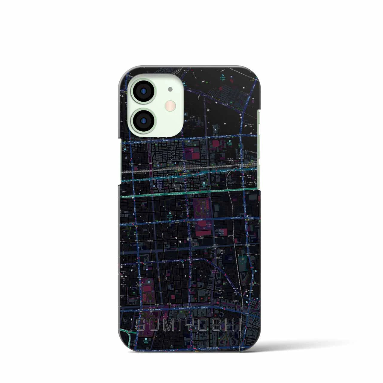 【住吉】地図柄iPhoneケース（バックカバータイプ・ブラック）iPhone 12 mini 用