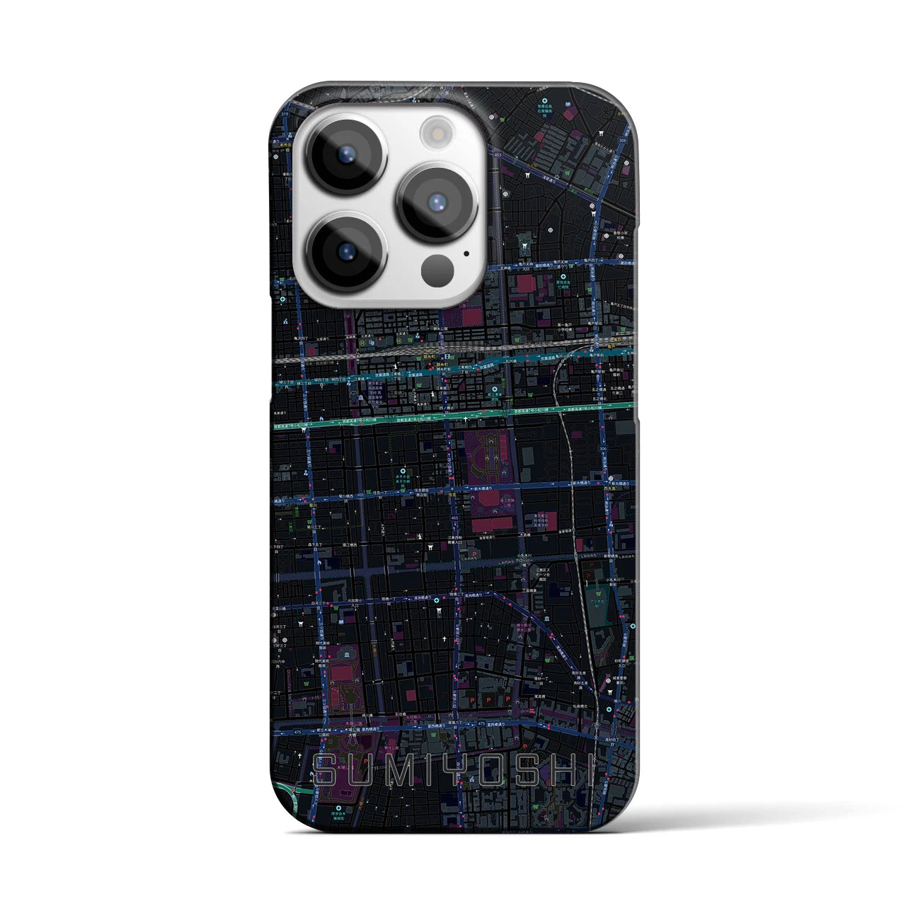 【住吉】地図柄iPhoneケース（バックカバータイプ・ブラック）iPhone 14 Pro 用
