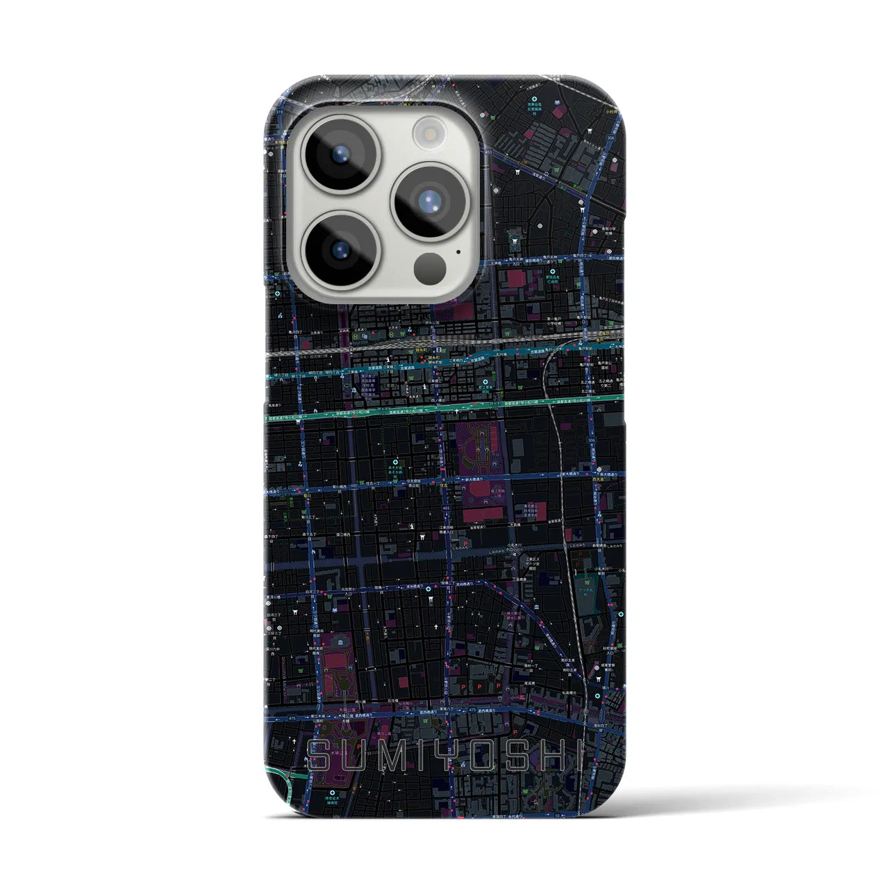 【住吉】地図柄iPhoneケース（バックカバータイプ・ブラック）iPhone 15 Pro 用