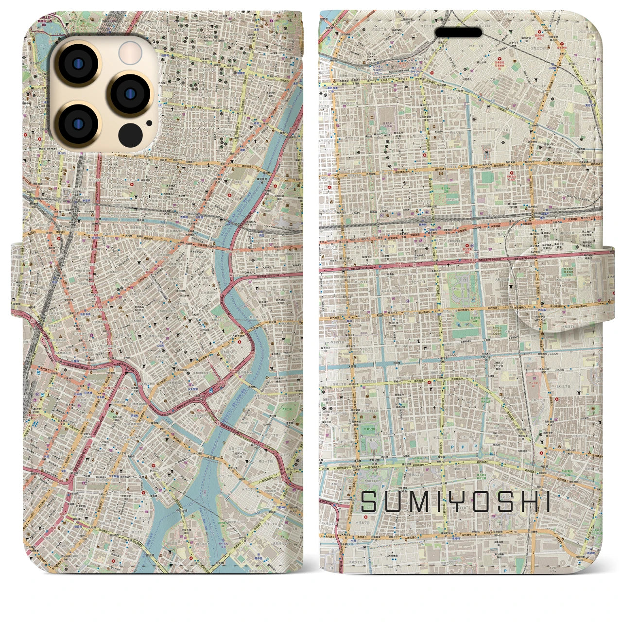 【住吉】地図柄iPhoneケース（手帳両面タイプ・ナチュラル）iPhone 12 Pro Max 用