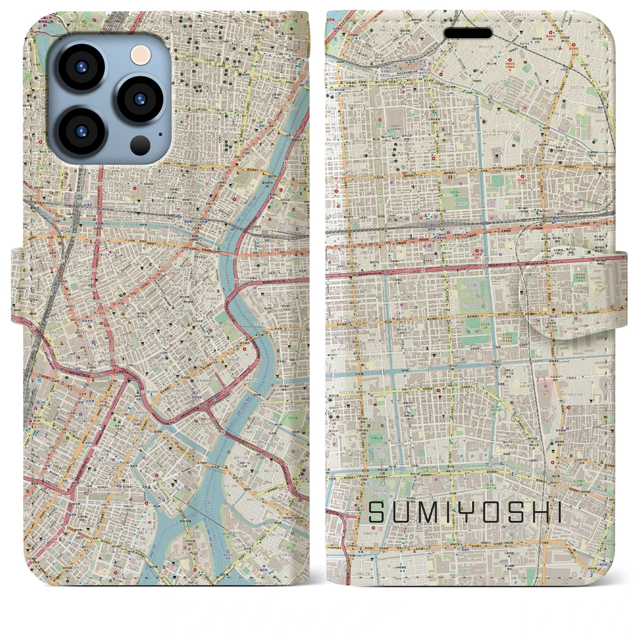 【住吉】地図柄iPhoneケース（手帳両面タイプ・ナチュラル）iPhone 13 Pro Max 用
