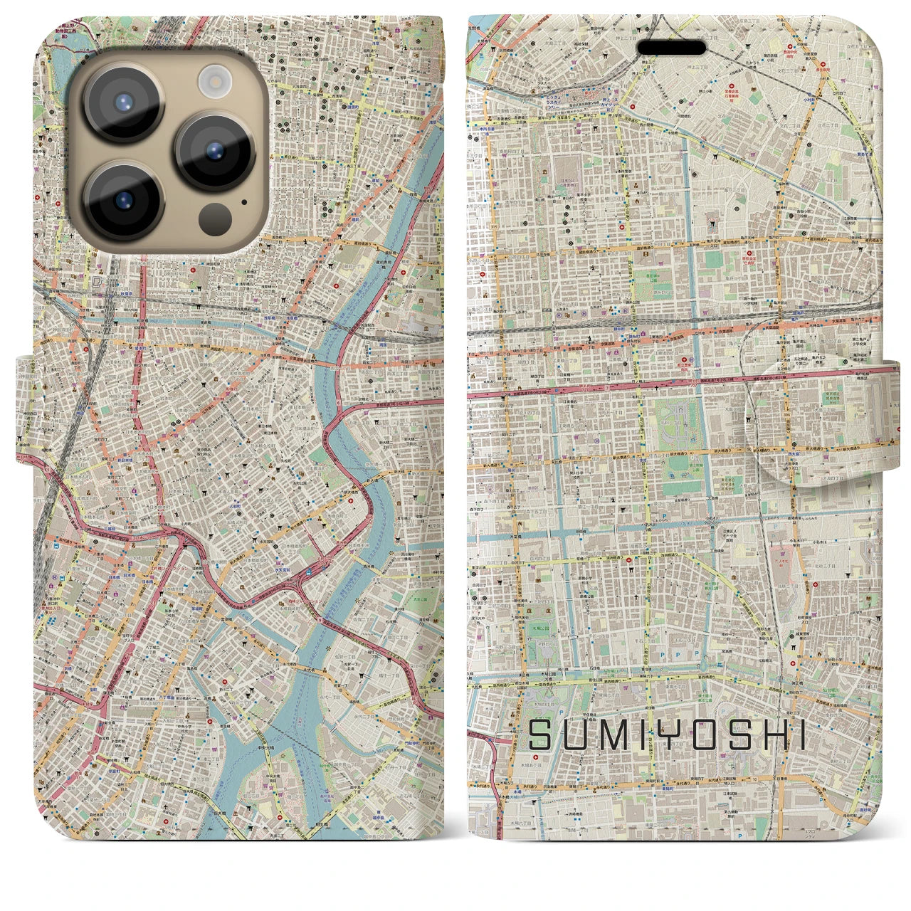 【住吉】地図柄iPhoneケース（手帳両面タイプ・ナチュラル）iPhone 14 Pro Max 用