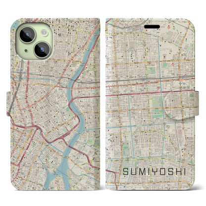 【住吉（東京都）】地図柄iPhoneケース（手帳タイプ）ナチュラル・iPhone 15 用