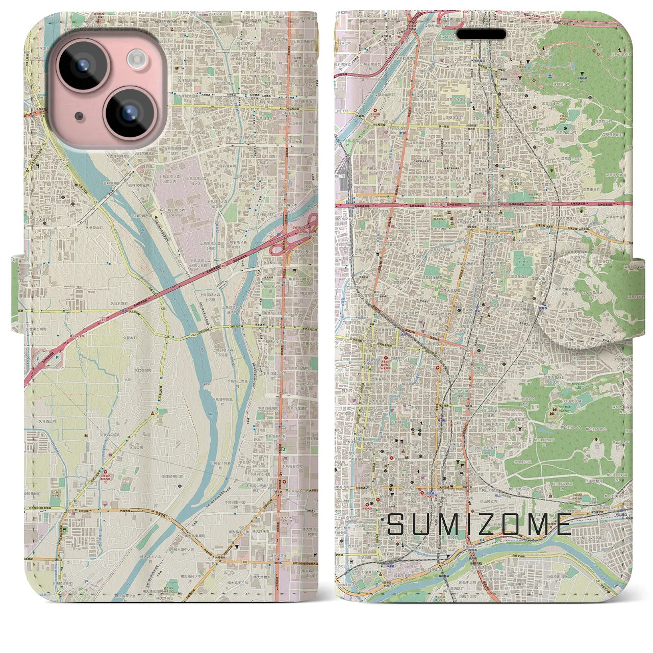 【墨染】地図柄iPhoneケース（手帳両面タイプ・ナチュラル）iPhone 15 Plus 用