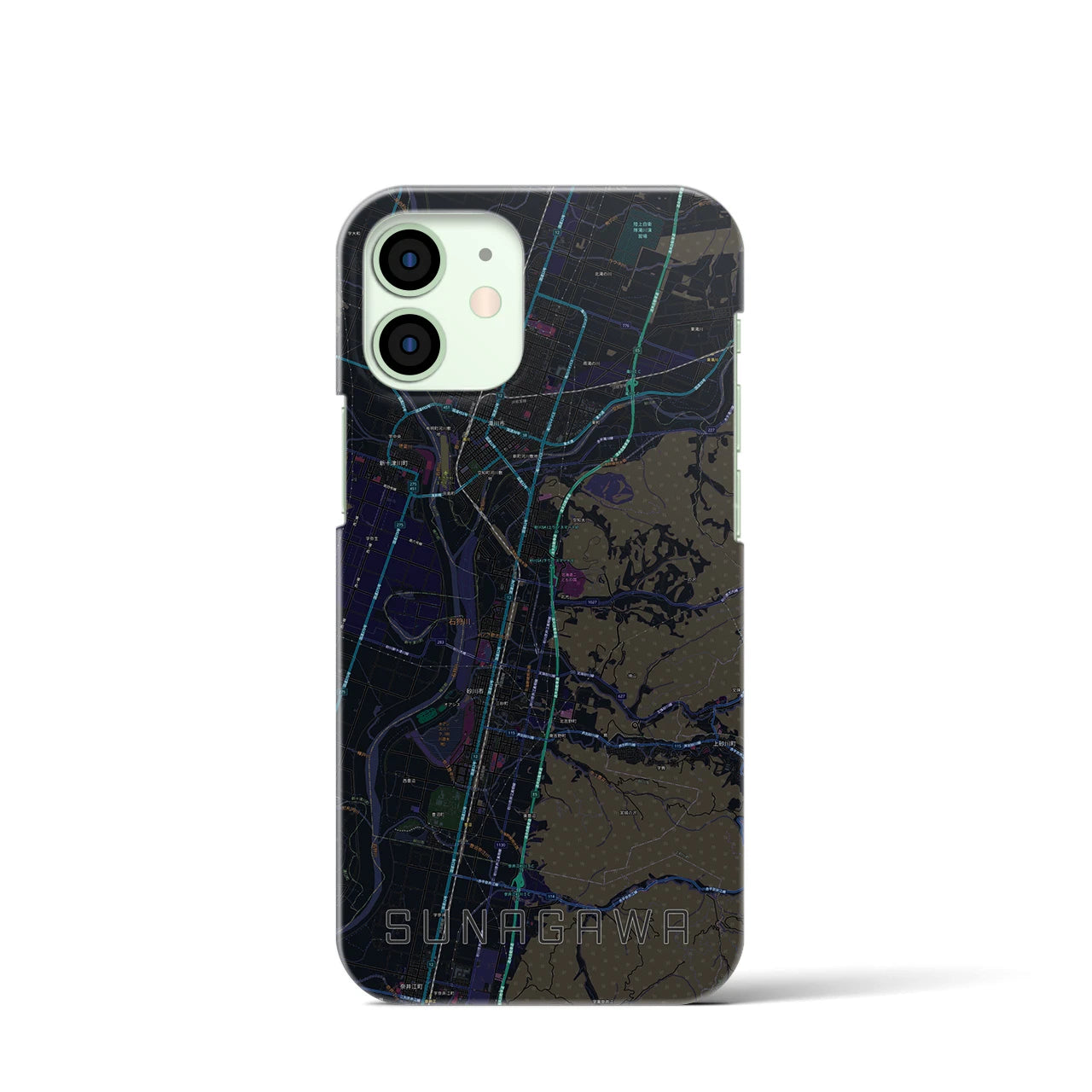 【砂川】地図柄iPhoneケース（バックカバータイプ・ブラック）iPhone 12 mini 用