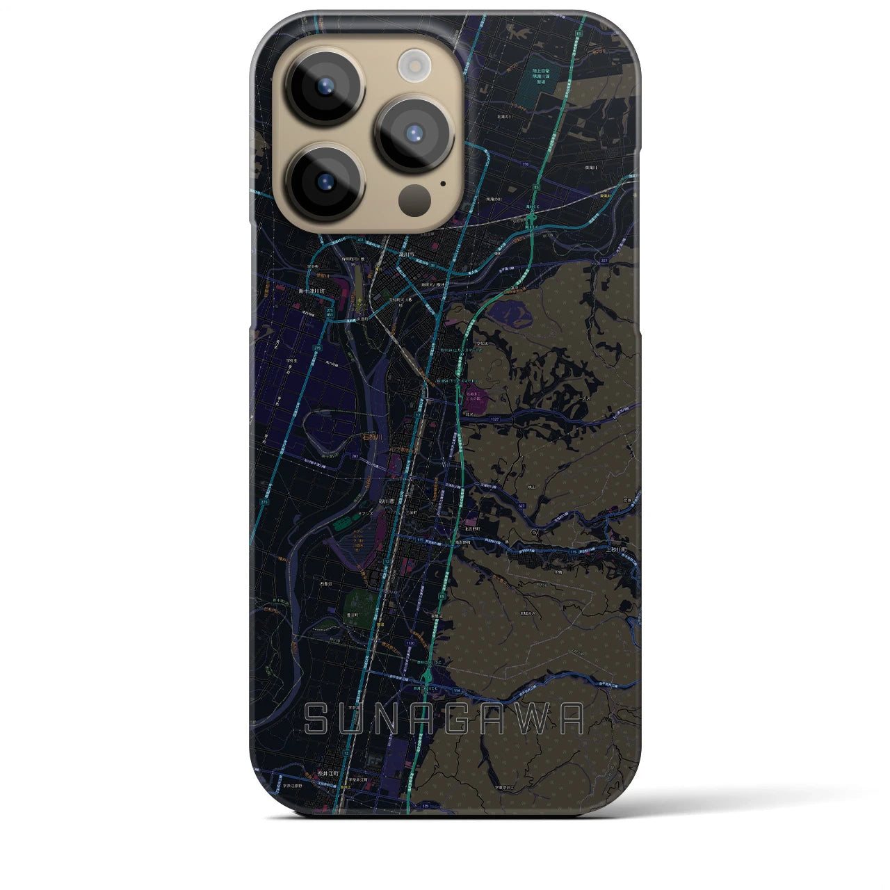 【砂川】地図柄iPhoneケース（バックカバータイプ・ブラック）iPhone 14 Pro Max 用