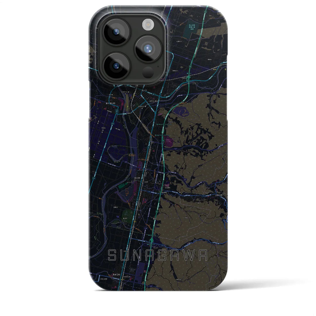 【砂川】地図柄iPhoneケース（バックカバータイプ・ブラック）iPhone 15 Pro Max 用