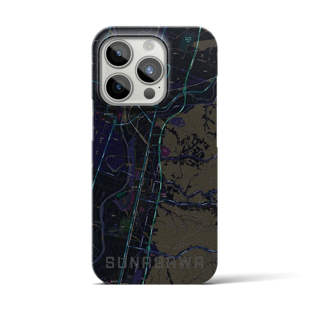 【砂川】地図柄iPhoneケース（バックカバータイプ・ブラック）iPhone 15 Pro 用