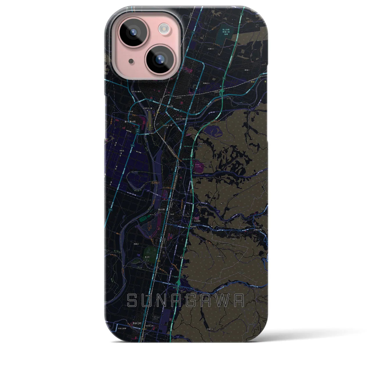 【砂川】地図柄iPhoneケース（バックカバータイプ・ブラック）iPhone 15 Plus 用