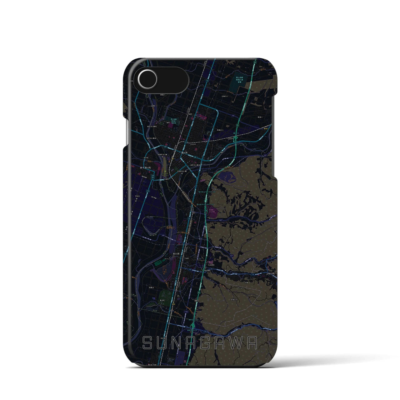【砂川】地図柄iPhoneケース（バックカバータイプ・ブラック）iPhone SE（第3 / 第2世代） / 8 / 7 / 6s / 6 用