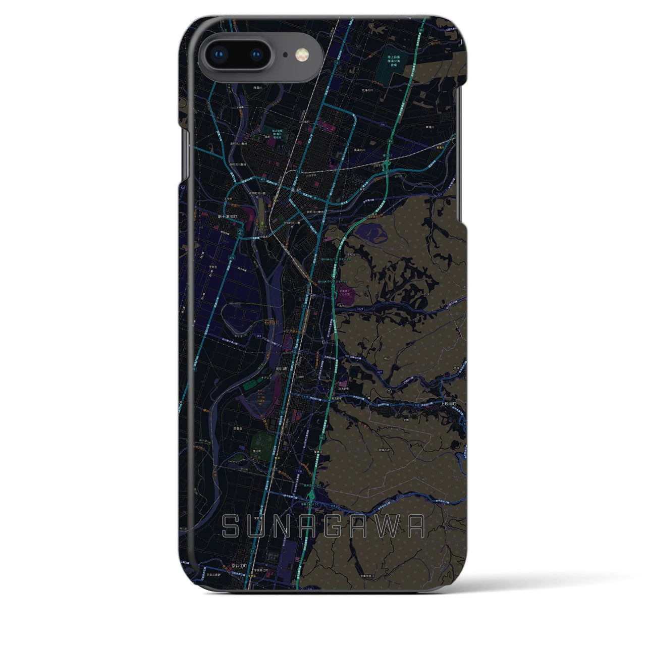 【砂川】地図柄iPhoneケース（バックカバータイプ・ブラック）iPhone 8Plus /7Plus / 6sPlus / 6Plus 用