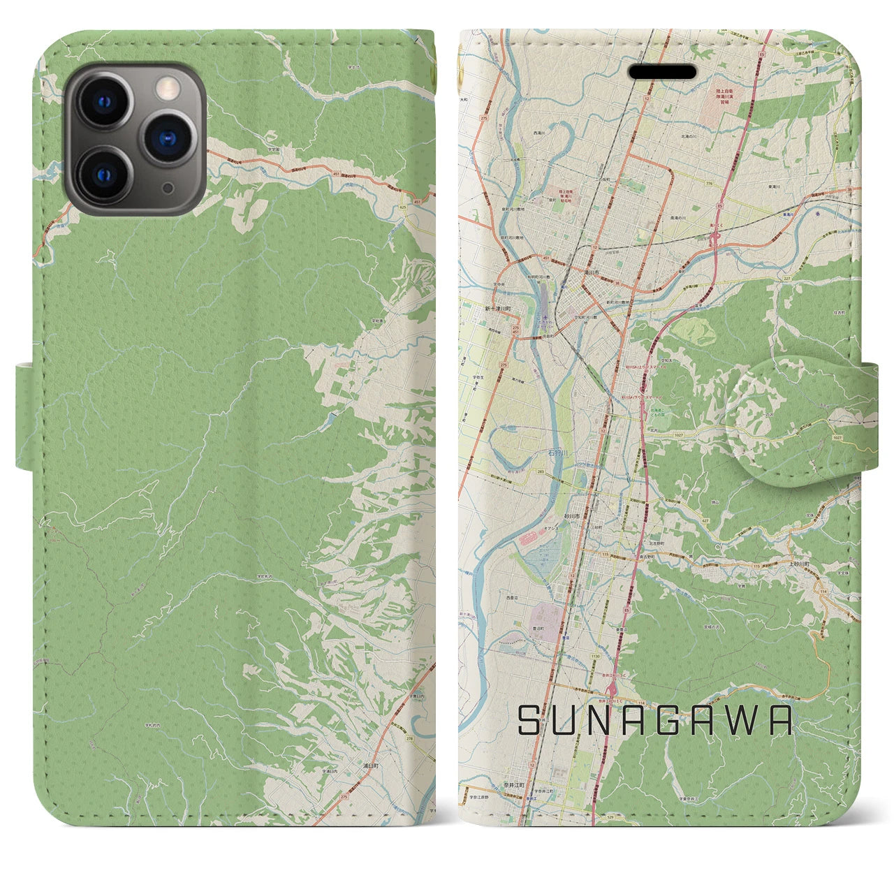 【砂川】地図柄iPhoneケース（手帳両面タイプ・ナチュラル）iPhone 11 Pro Max 用