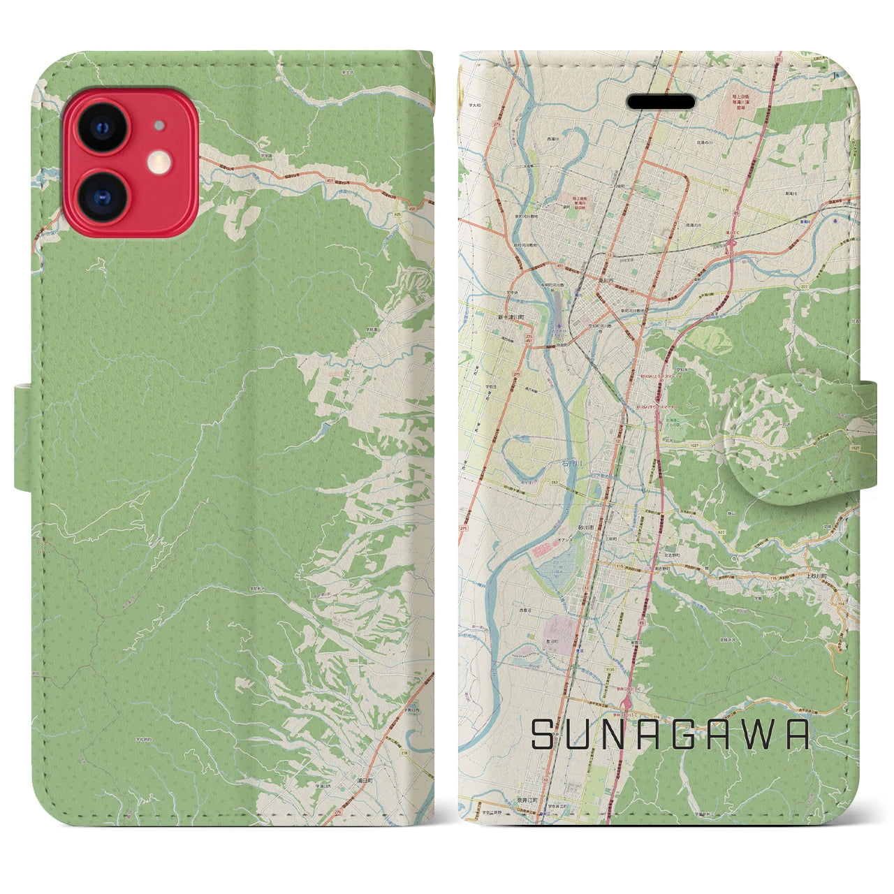 【砂川】地図柄iPhoneケース（手帳両面タイプ・ナチュラル）iPhone 11 用