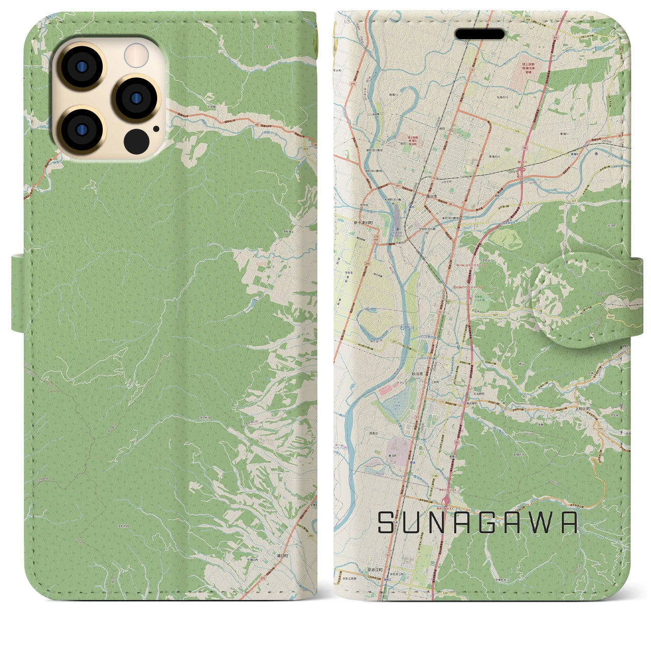 【砂川】地図柄iPhoneケース（手帳両面タイプ・ナチュラル）iPhone 12 Pro Max 用