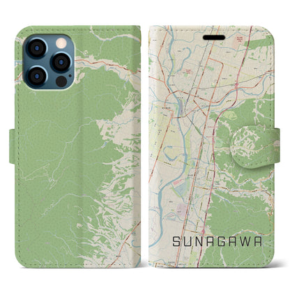 【砂川（北海道）】地図柄iPhoneケース（手帳タイプ）ナチュラル・iPhone 12 / 12 Pro 用