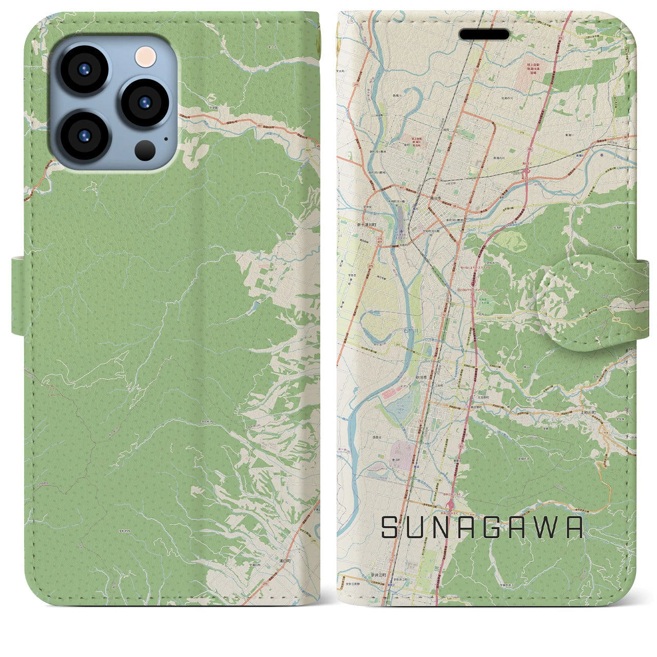 【砂川】地図柄iPhoneケース（手帳両面タイプ・ナチュラル）iPhone 13 Pro Max 用