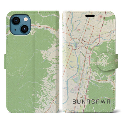 【砂川（北海道）】地図柄iPhoneケース（手帳タイプ）ナチュラル・iPhone 13 用