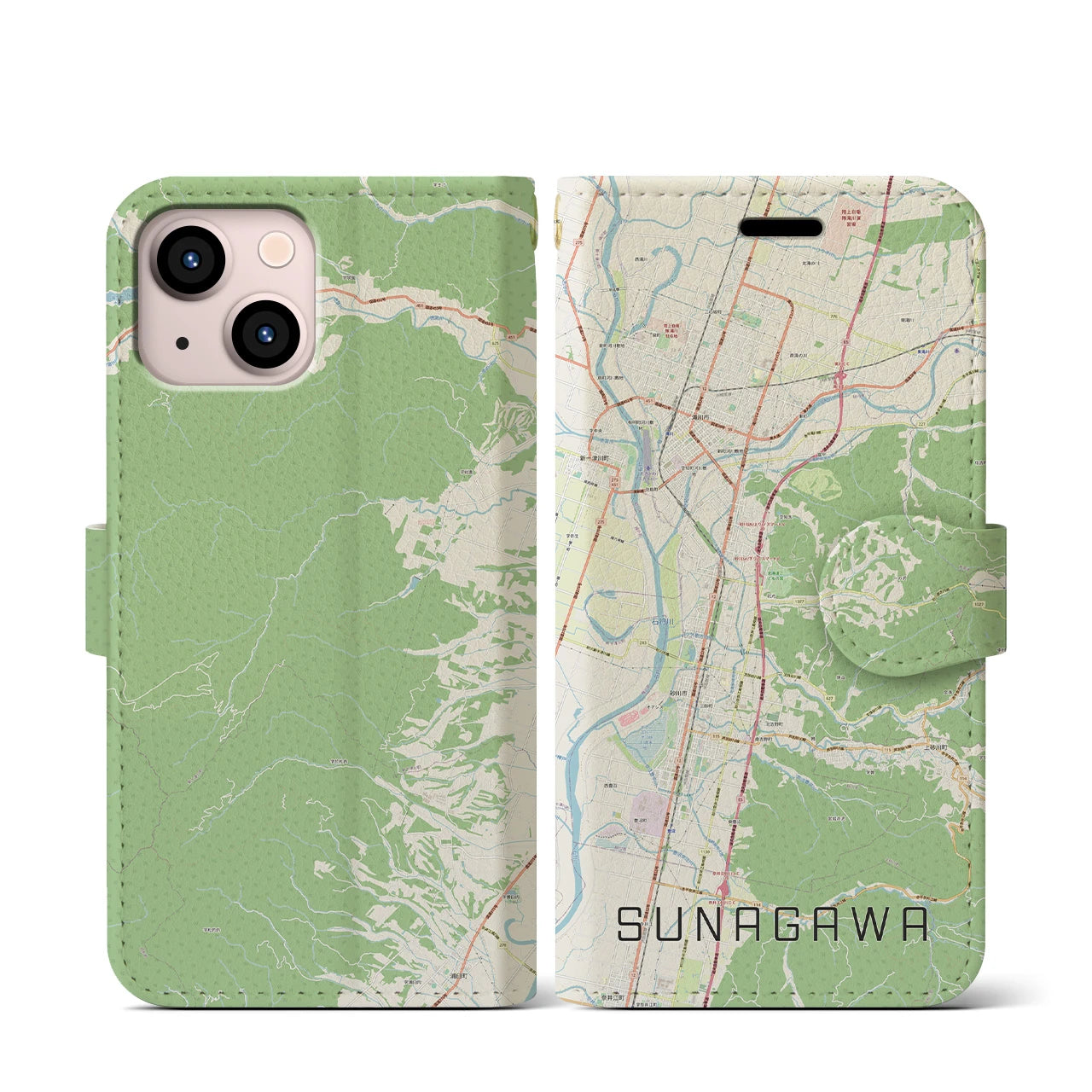 【砂川】地図柄iPhoneケース（手帳両面タイプ・ナチュラル）iPhone 13 mini 用