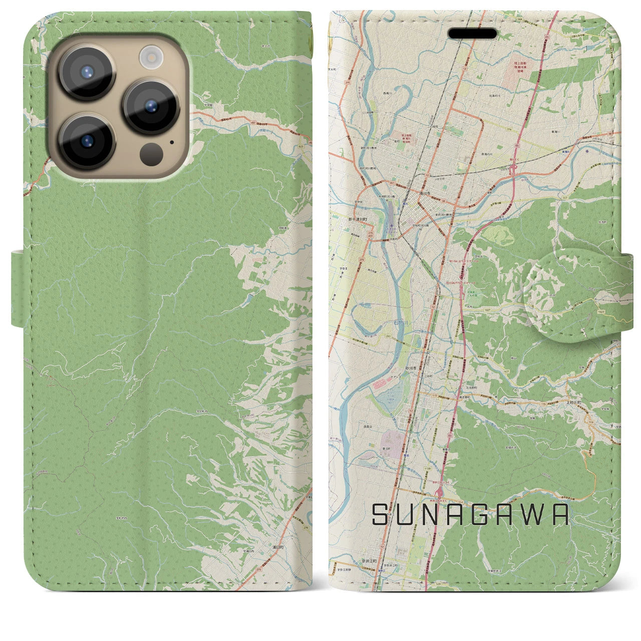 【砂川】地図柄iPhoneケース（手帳両面タイプ・ナチュラル）iPhone 14 Pro Max 用