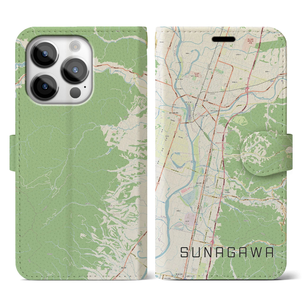【砂川】地図柄iPhoneケース（手帳両面タイプ・ナチュラル）iPhone 14 Pro 用