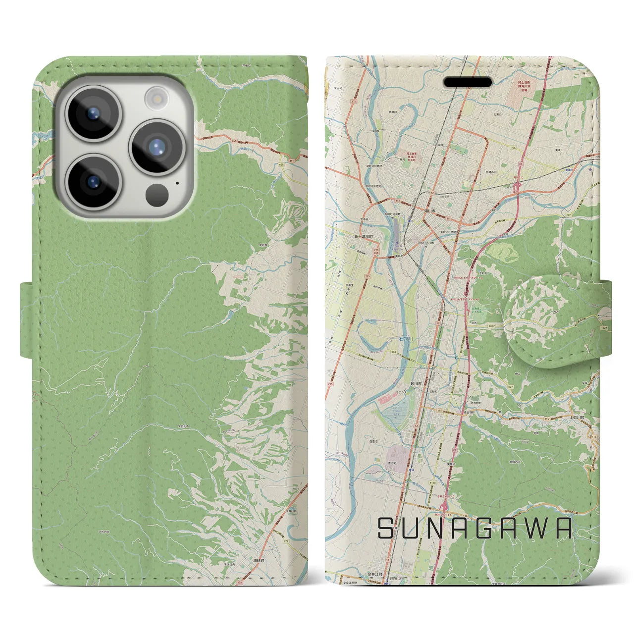【砂川】地図柄iPhoneケース（手帳両面タイプ・ナチュラル）iPhone 15 Pro 用