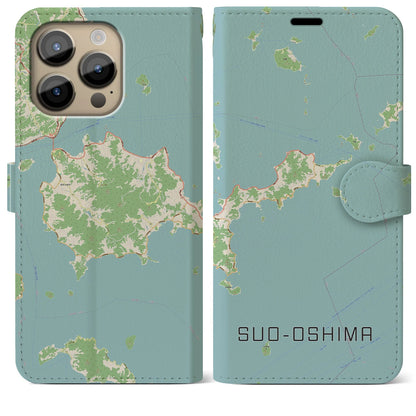 【周防大島（山口県）】地図柄iPhoneケース（手帳タイプ）ナチュラル・iPhone 14 Pro Max 用