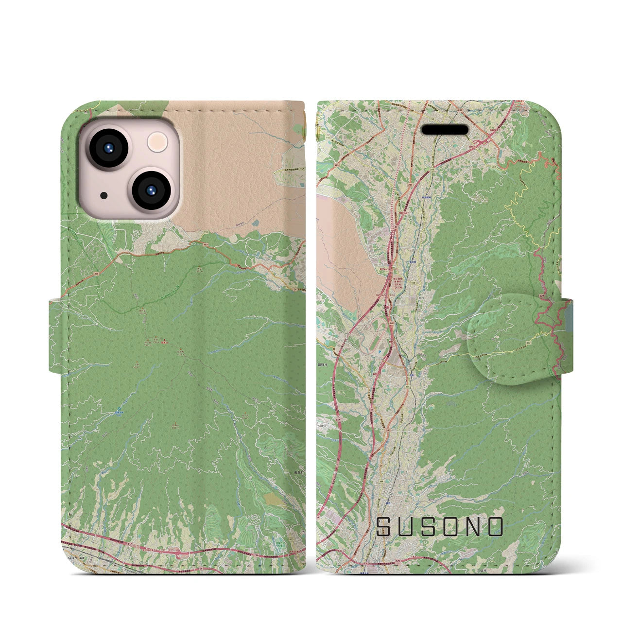 【裾野】地図柄iPhoneケース（手帳両面タイプ・ナチュラル）iPhone 13 mini 用