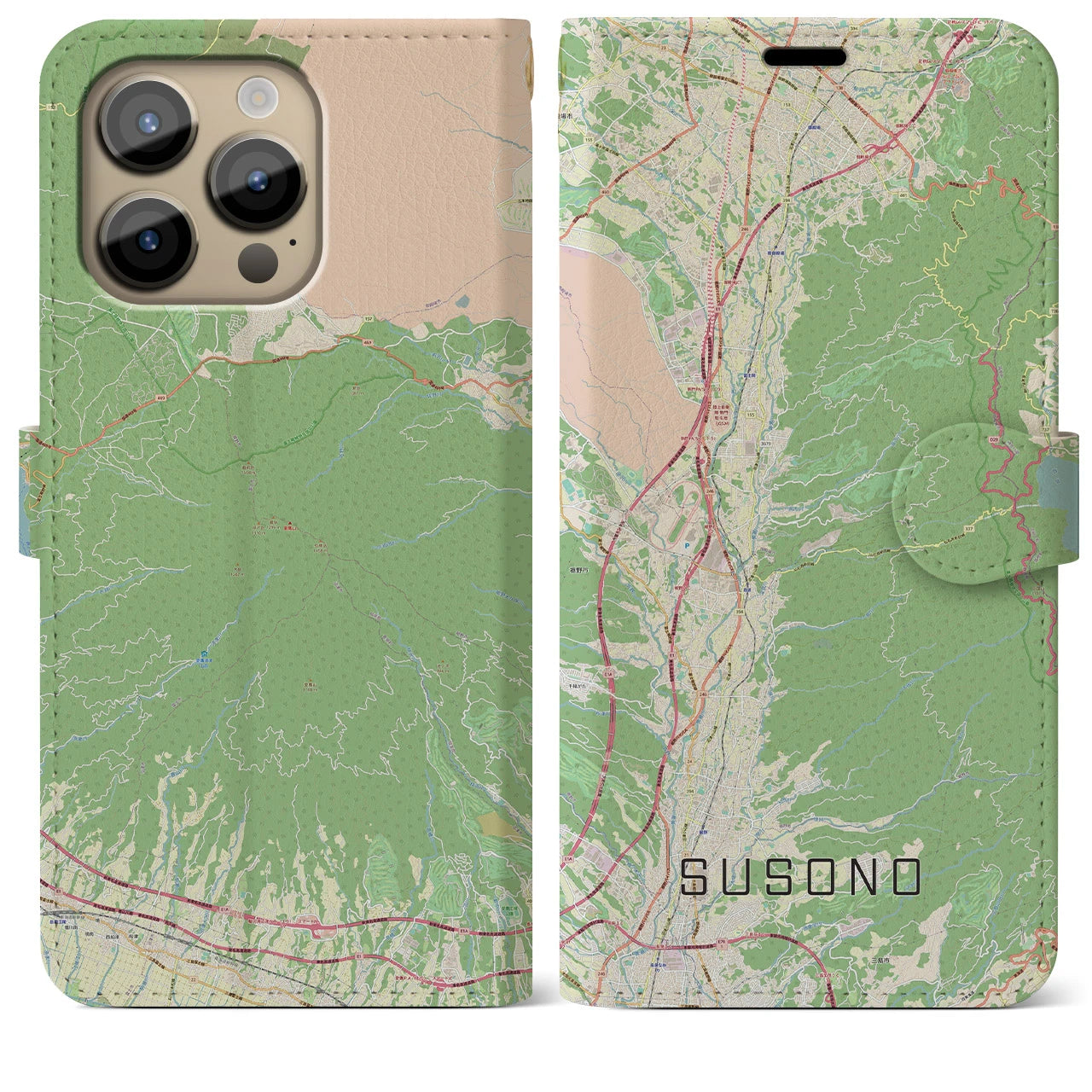 【裾野】地図柄iPhoneケース（手帳両面タイプ・ナチュラル）iPhone 14 Pro Max 用